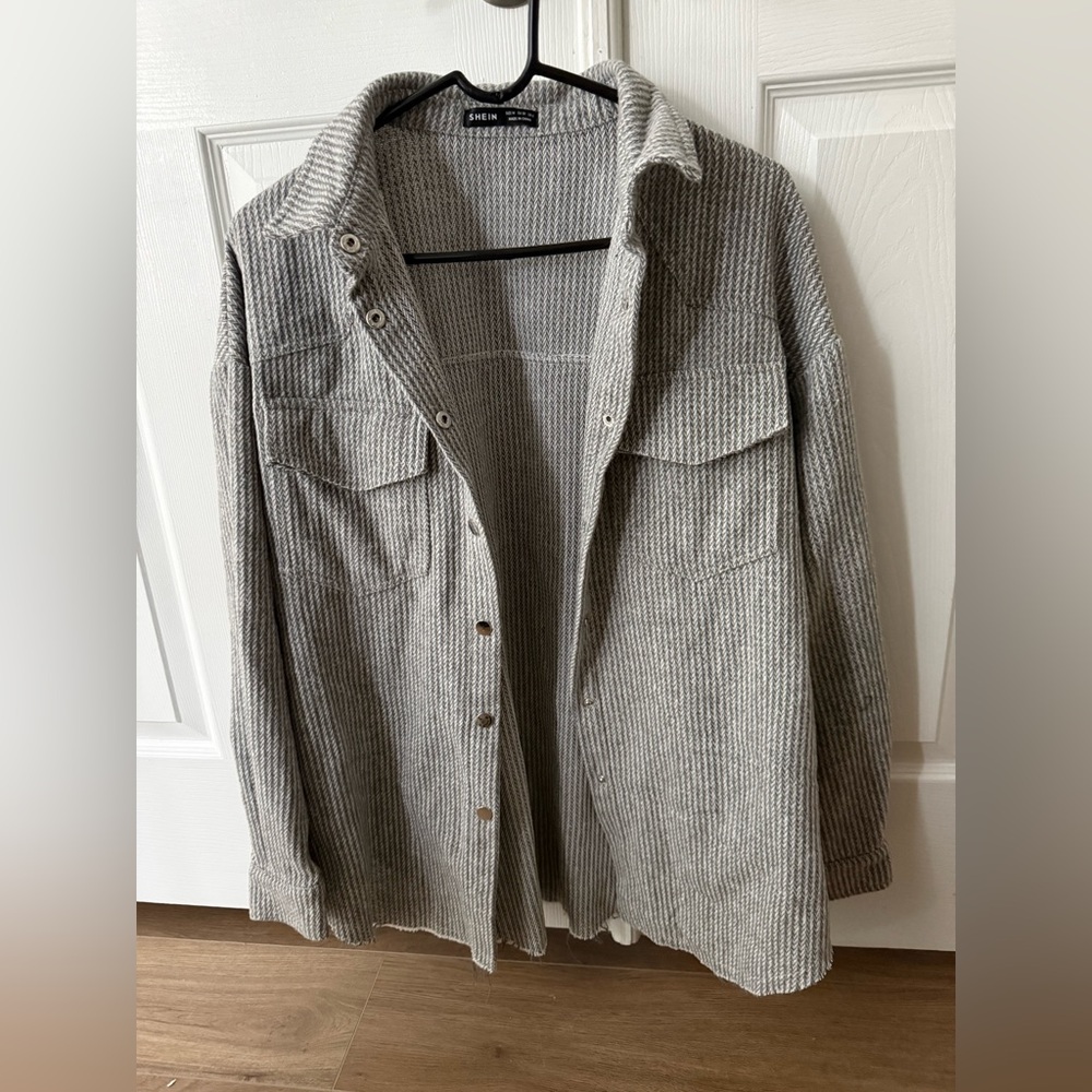 Gray Ribbed Button-Up Shacket Jacket